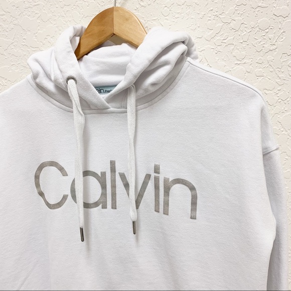 Calvin Klein Cropped White Hoodie Sweatshirt Sz S w/ Thumbholes - Picture 2 of 8